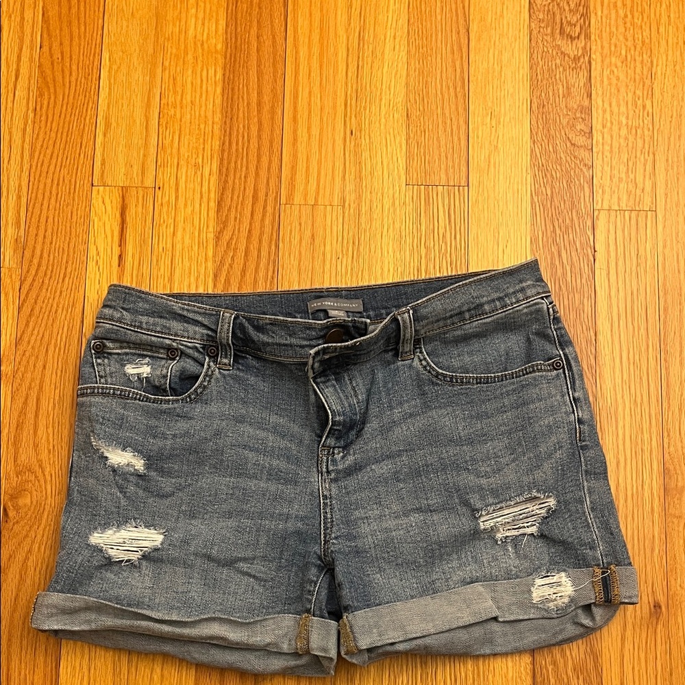 New York & Company Distressed Rolled Hem Denim Shorts - Blue